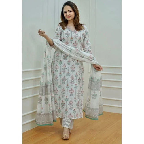 White Printed Viscose Rayon Long Kurti With Dupatta