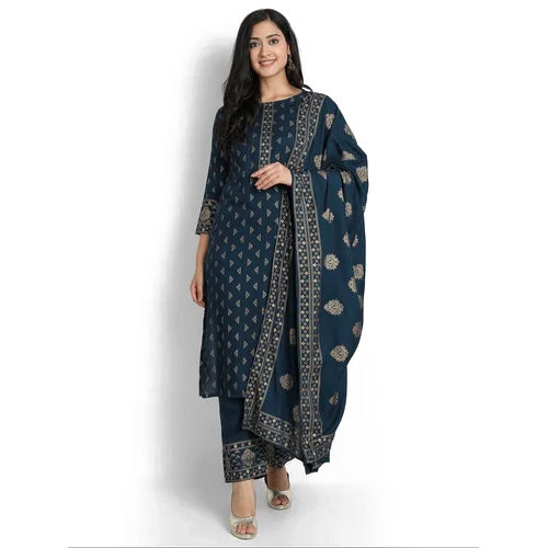 Blue Printed Viscose Rayon Kurta And Pant Set