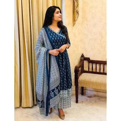 Blue Printed Viscose Rayon Angrakha Kurta Set With Dupatta