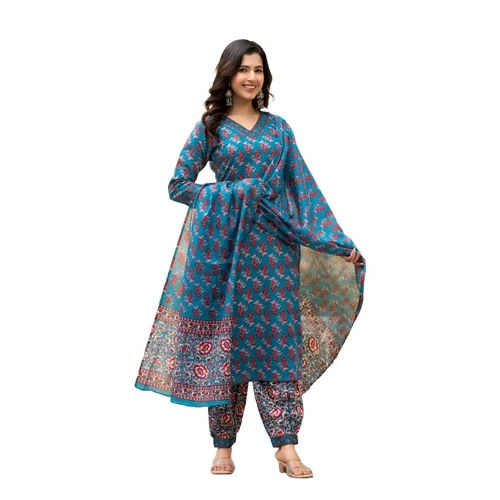 Blue Floral Print, Embellished Viscose Rayon Kurta Set With Dupatta