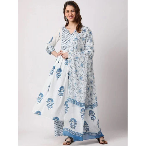 Washable Women White Printed Pure Cotton Kurta, Pant And Dupatta Set