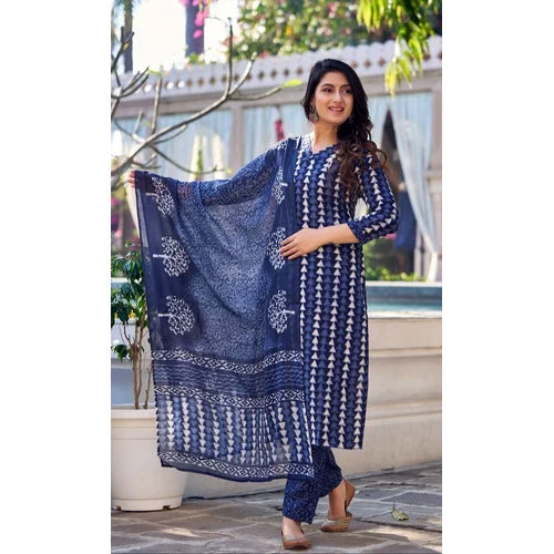 Light Sky Printed Pure Cotton Kurta Set With Dupatta