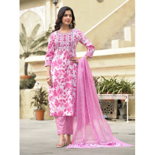 Floral Print Viscose Rayon Embroidered Kurta Set With Dupatta