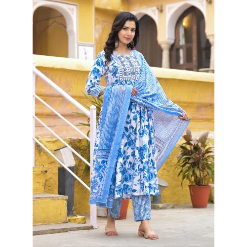 White, Blue Floral Print Viscose Rayon Embroidered Kurta Set With Dupatta