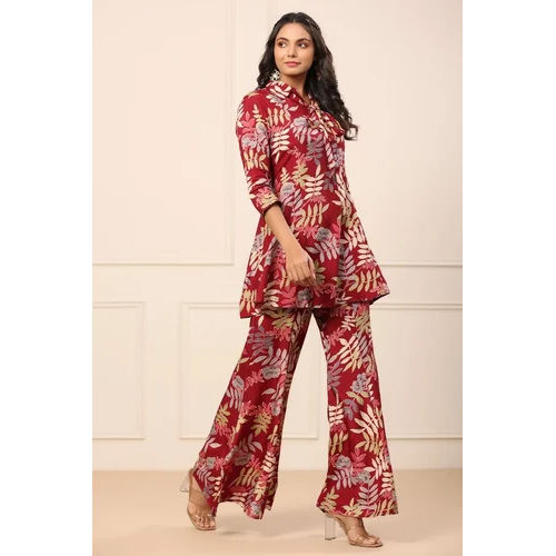 Red Printed Viscose Rayon Cord Set For Women