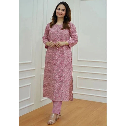 Pink Printed Viscose Rayon Kurti Pant Set