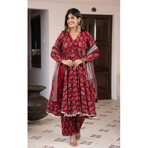 Printed Viscose Rayon Anarkali Kurta Set With Dupatta