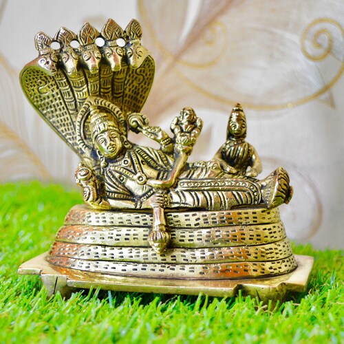 Vishnu Laxmi Sitting On Sheshnag - Lord Narayan rest in Vainkunt Dham metal idol 4.5 inch