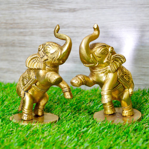 Aakrati Yellow Small 4 inch Brass Cute Elephant Showpiece- Use For Home or Office