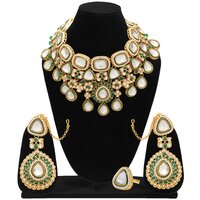 Wedding Collection Gold Plated Kundan Stone & Meena Work Bridal Choker Set - Color: Green