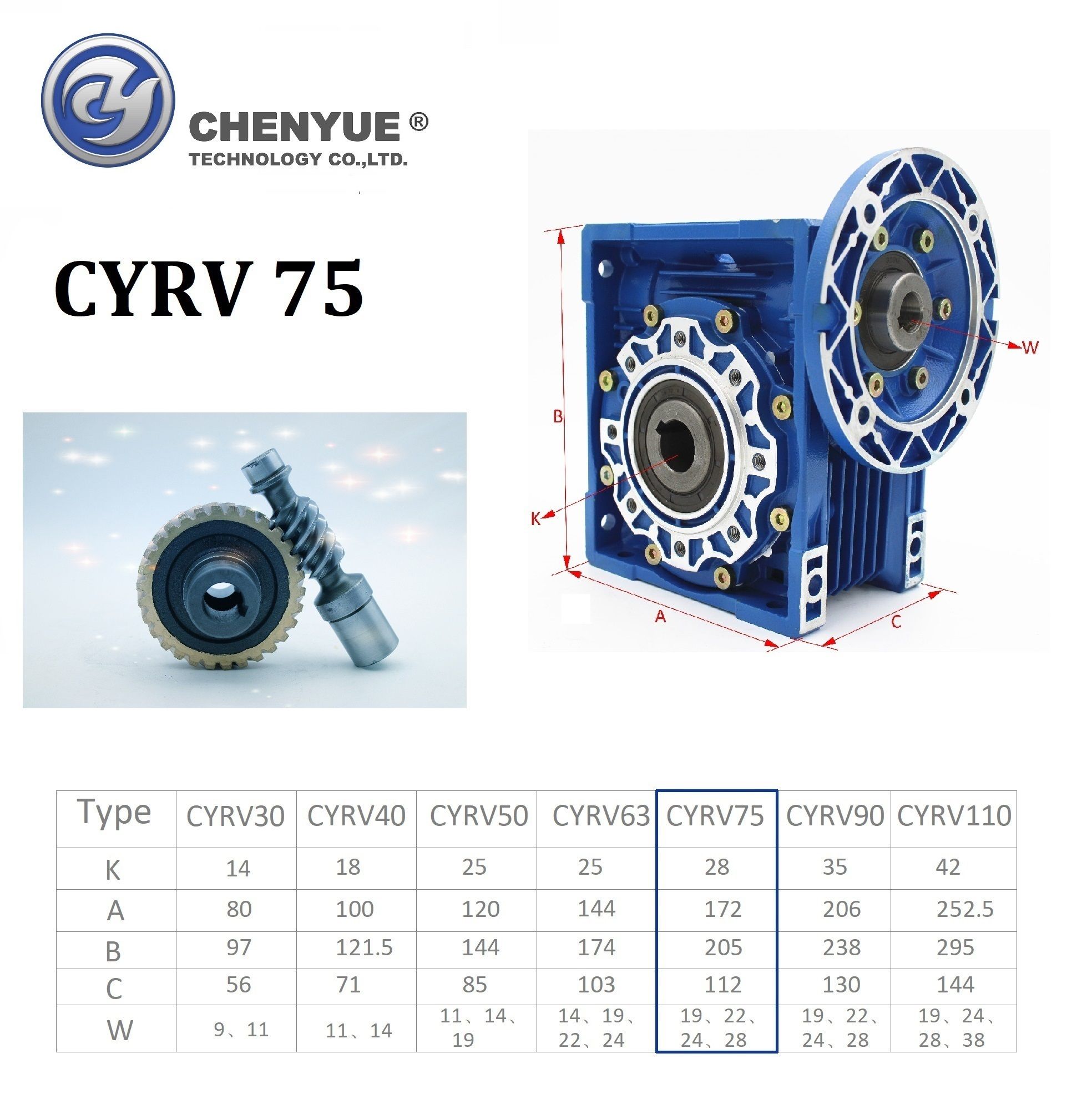 CHENYUE Worm Gearbox NMRV75 NMRV075 Input 19/22/14/24/28mm Output 28mm Speed Ratio from 5:1 to 100:1 Speed Reduction Free Maintenance