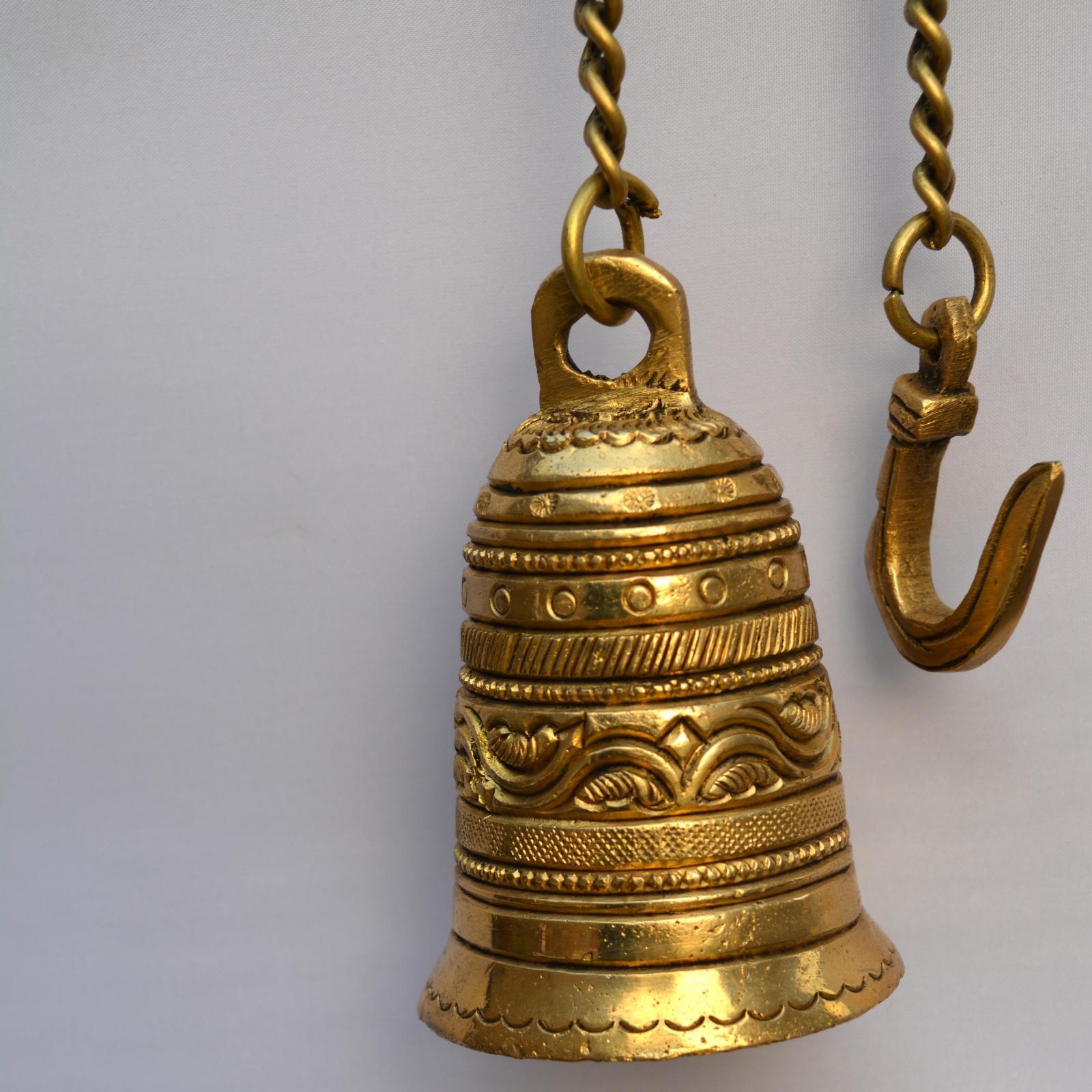 Vintage Hanging Bell with Brass Chain and Hook for Gates, Home, Office and Temple