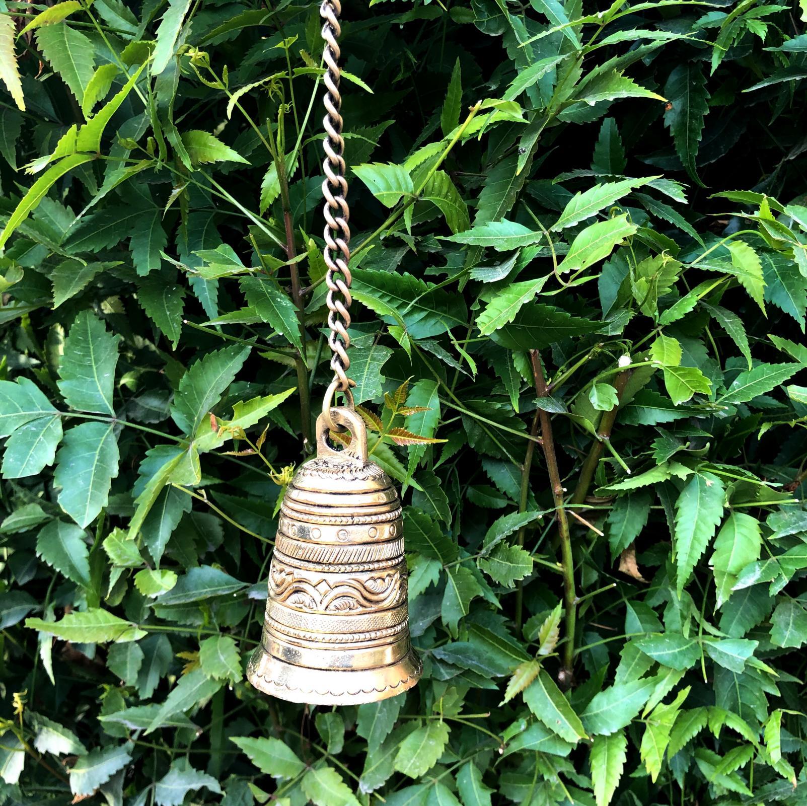 Vintage Hanging Bell with Brass Chain and Hook for Gates, Home, Office and Temple