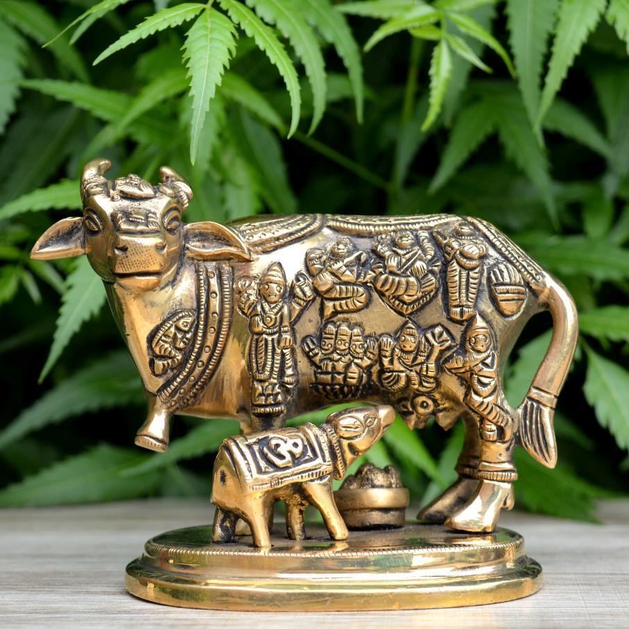 Cow with Calf Idol Showpiece for Home Decor,Housewarming and Return Gift - Krishna Darling Cow Calf Idol/Kamdhenu Cow Idol/Brass Gau MATA Idol