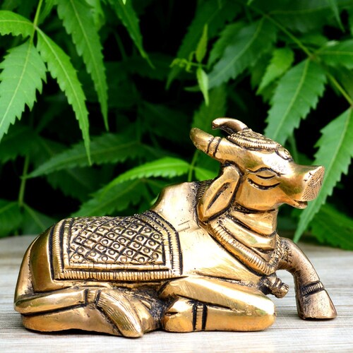 The Vehicle of Shiva - Brass Statue- Nandi Bull Sitting By Aakrati