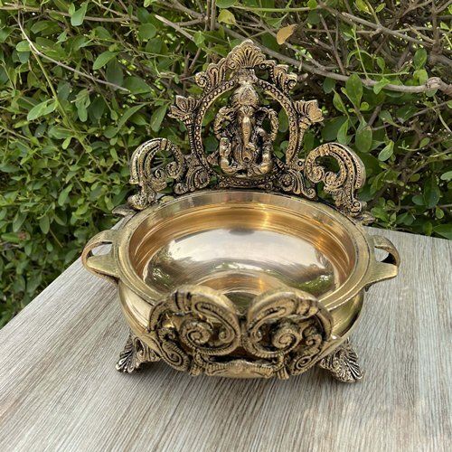 Ethnic Carved Urli with Ganesha Statue, 7 Inches Brass Decor Bowl, Urli Decor, Decorative Urli for Corner Tables