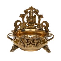 Carved Urli with Lakshmi Ji Statue, 7 Inches Brass Decor Bowl, Urli Decor, Decorative Urli for Corner Tables Ethnic dcor