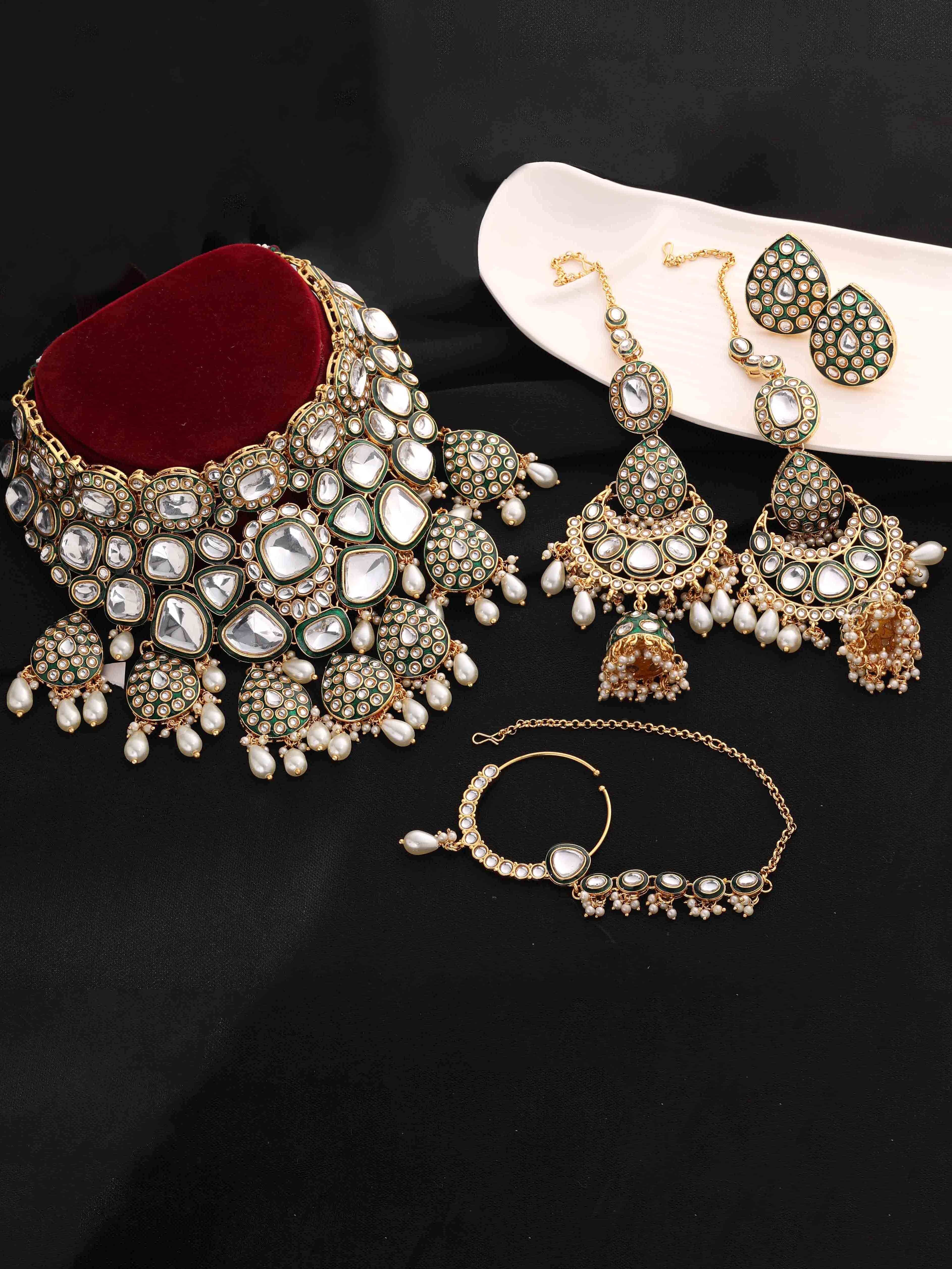 Gold plated Jodha Akbar Indian Style Kundan & Meena Work Beads Splendor Bridal Choker Set.