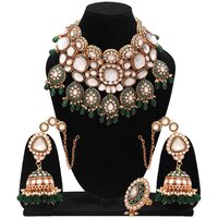 Exquisite Jadau Kundan Gold Plated Dulhan Semi Bridal Choker Necklaces Set - Color: Green