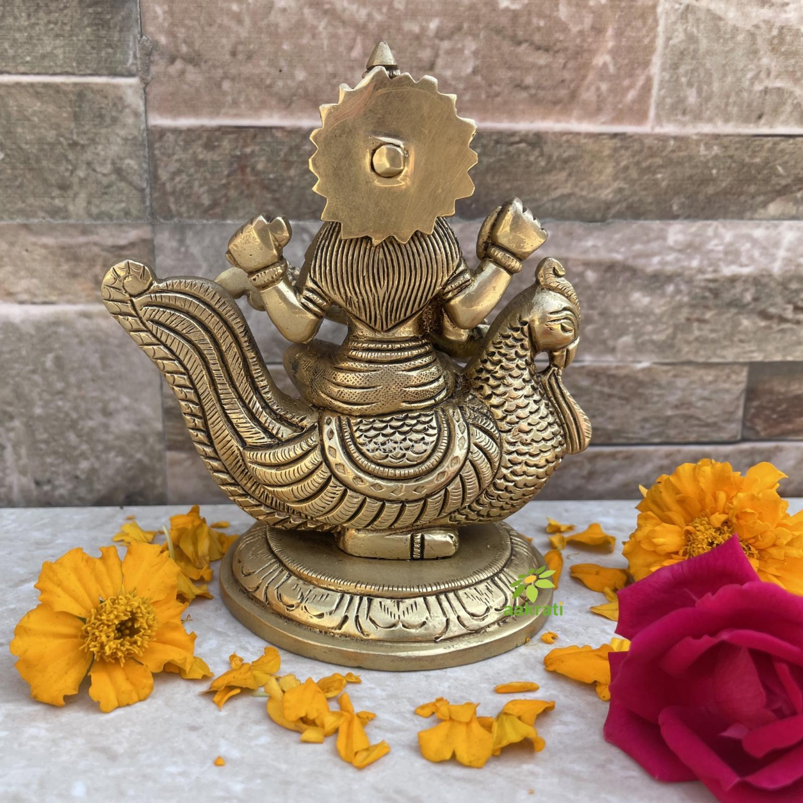 aakrati Saraswati Adorning a Swan. Goddess Beautiful Brass Statue Decorative Showpiece - 10.16 cm  (Brass, Yellow)