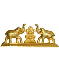 "gold Metal Haldi Kumkum Holder With Elephant Figurine With Laxmi Yantra By Aakrati " - Color: Yellow