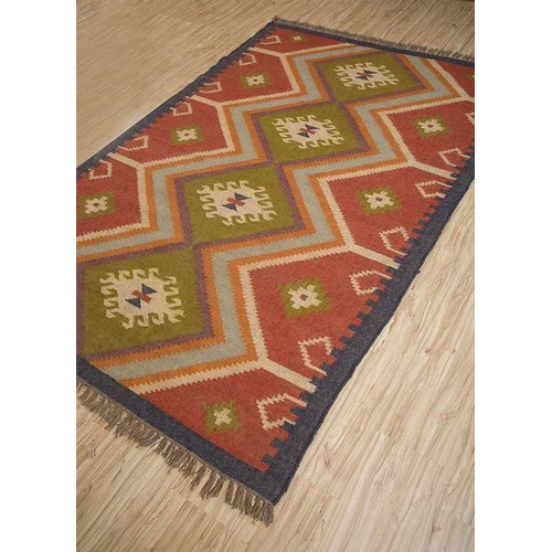 Wool Jute Kilim Rug - 4 x 6 ft., Multicolor Printed Design | Handmade, Anti-Slip, Hand Washable