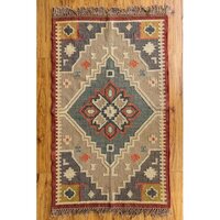 Kilim Wool Jute Hand Woven Rugs - Jute, 4 X 6 Ft., Multicolor | Hand Washable, Anti-slip Feature, Geometric Pattern