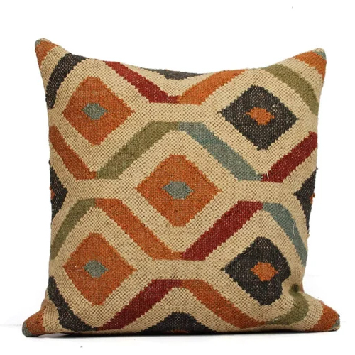 Wool Jute Kilim Cushion Cover - 18x18 Inches, Multicolor Pattern, Handmade with Zipper Closure, Customizable Design