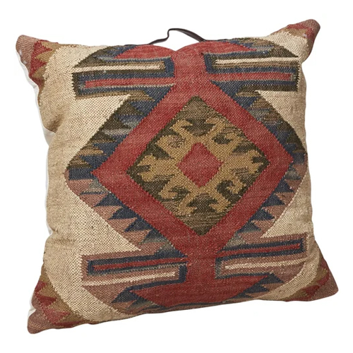 Wool Jute Kilim Cushion Cover - 18x18 Inches, Multicolor Design, Handmade with Zipper Closure for Easy Cleaning
