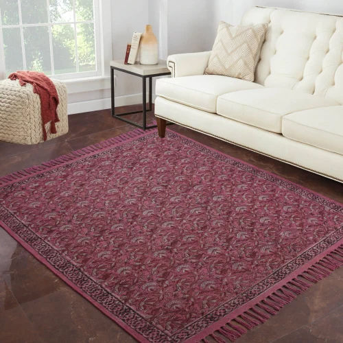 Block Printed Cotton Rug - Color: Multicolour