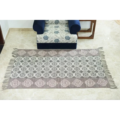 Hand Block Printed Cotton Rug - 4 x 6 ft , Multicolored Printed Pattern, Anti-Slip & Hand Washable