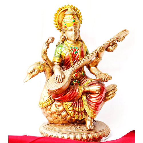 Maa Saraswati Statue - Handcrafted Resin, 12 inches Tall, Elegant Gold Finish | Spiritual Symbol of Knowledge, Wisdom, and Art