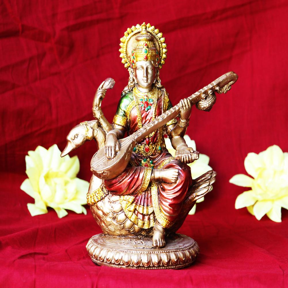 Maa Saraswati Statue - Handcrafted Resin, 12 inches Tall, Elegant Gold Finish | Spiritual Symbol of Knowledge, Wisdom, and Art