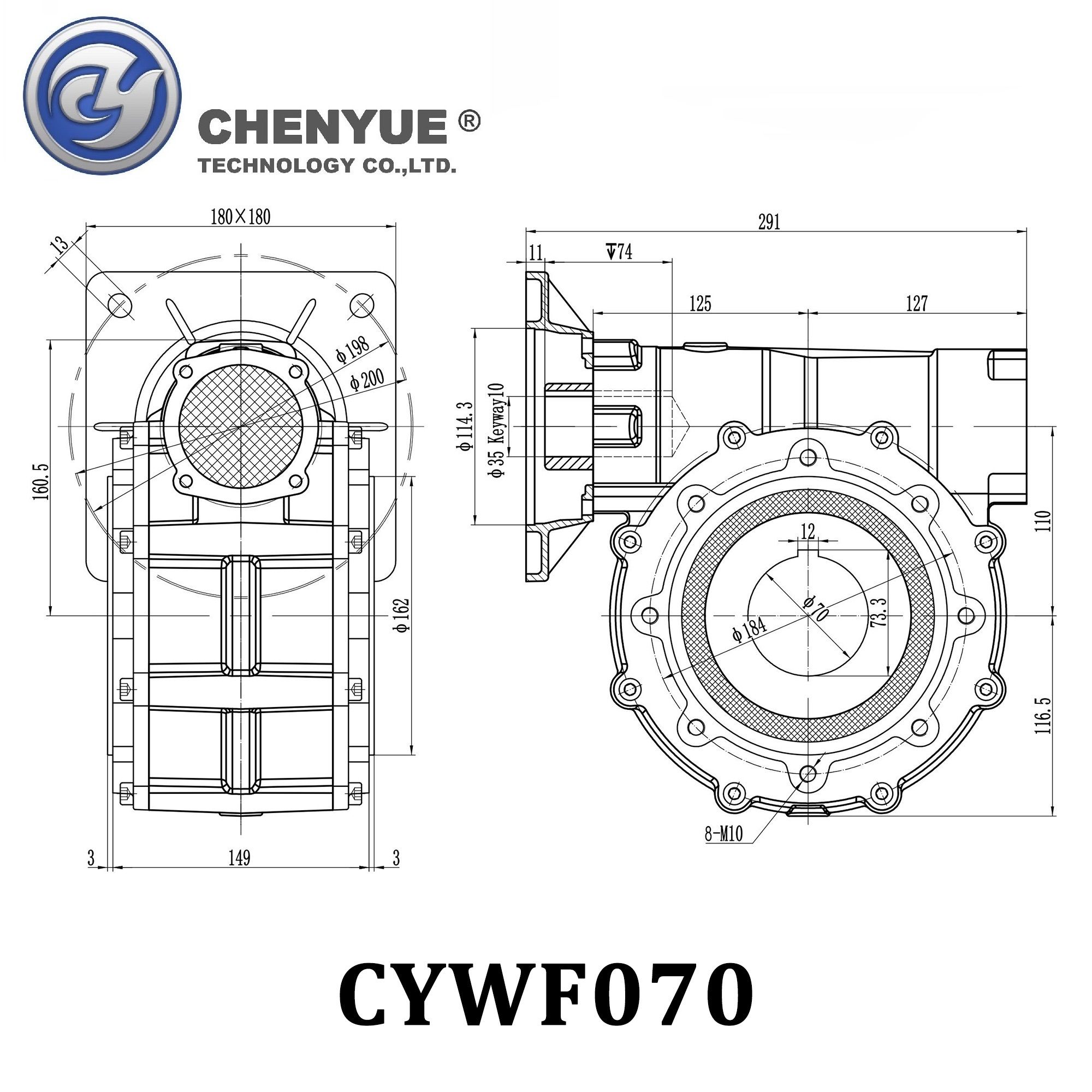 CHENYUE Worm Gearbox CYWF70 speed ratio from 5:1 to 100:1 free maintenance, fully sealed, No need to refuel for life