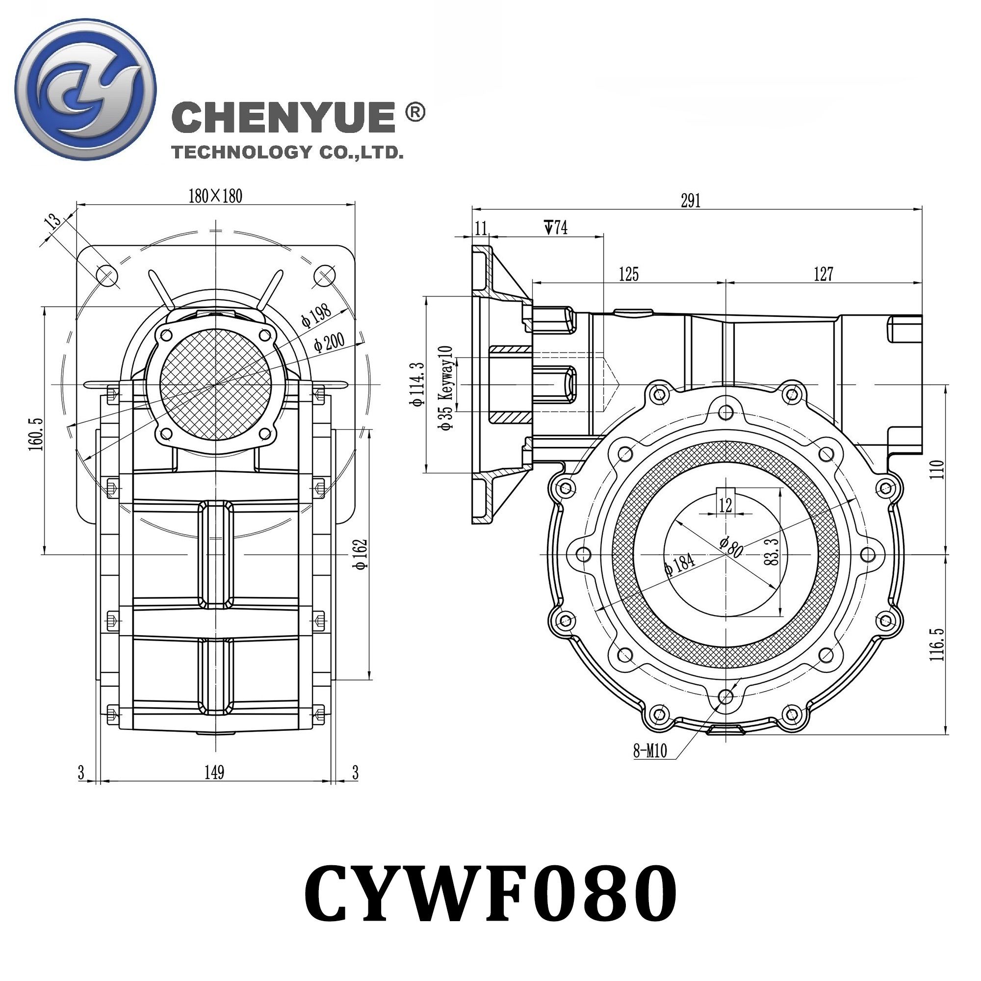 CHENYUE Worm Gearbox CYWF80 speed ratio from 5:1 to 100:1 free maintenance, fully sealed, No need to refuel for life