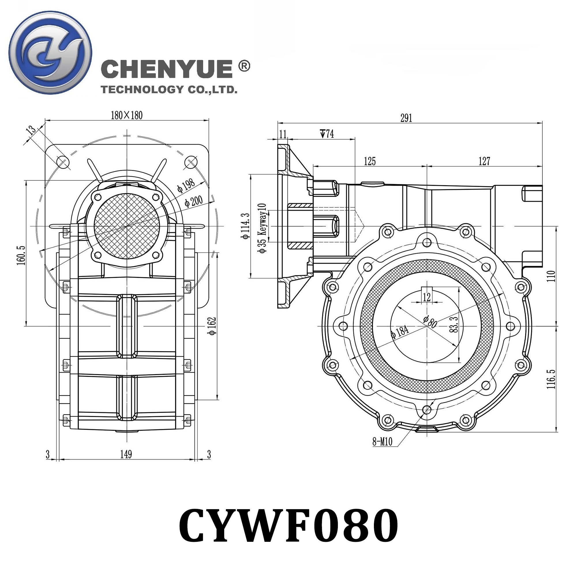 CHENYUE Worm Gearbox CYWF80 speed ratio from 5:1 to 100:1 free maintenance, fully sealed, No need to refuel for life