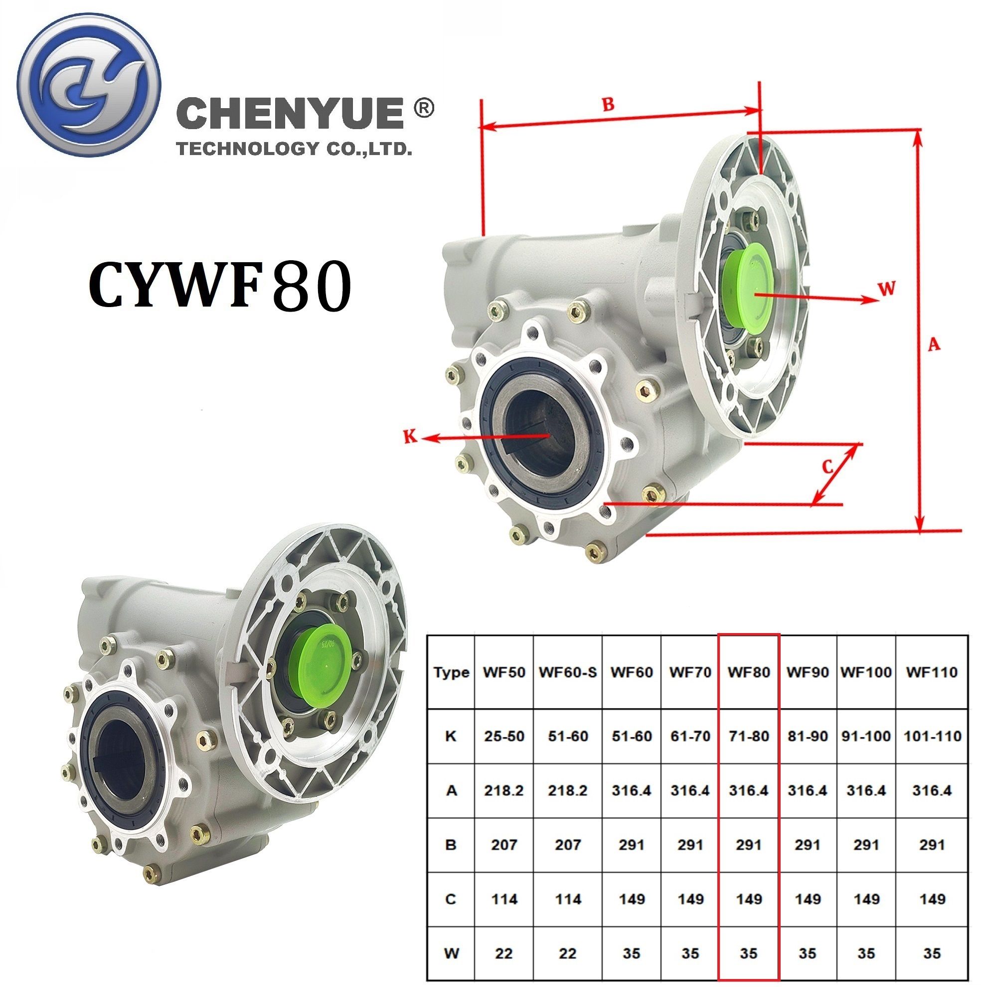 CHENYUE Worm Gearbox CYWF80 speed ratio from 5:1 to 100:1 free maintenance, fully sealed, No need to refuel for life