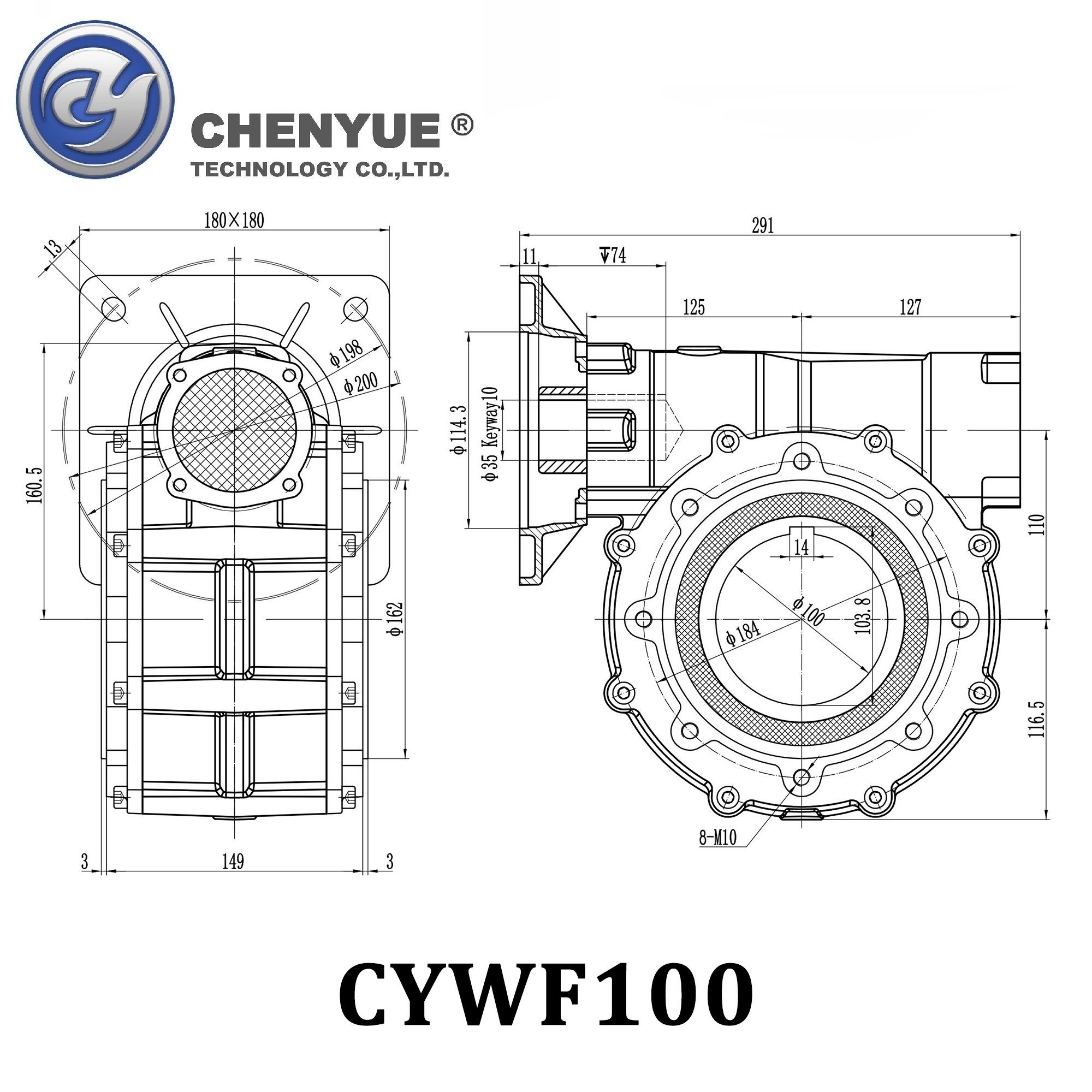 CHENYUE Worm Gearbox CYWF100 speed ratio from 5:1 to 100:1 free maintenance, fully sealed, No need to refuel for life