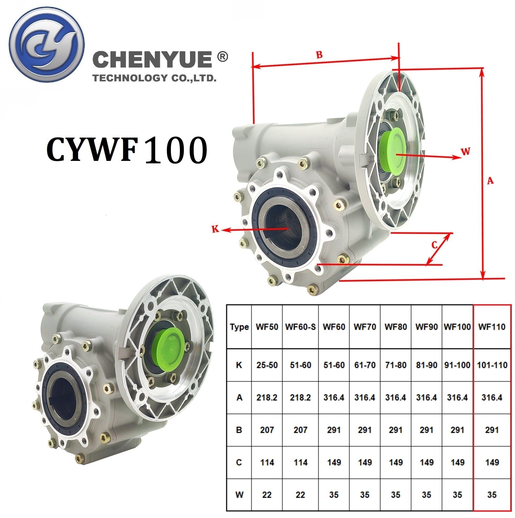 CHENYUE Worm Gearbox CYWF100 speed ratio from 5:1 to 100:1 free maintenance, fully sealed, No need to refuel for life