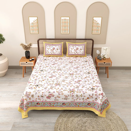 Phulkari Queen Size Sanganeri Prints Cotton Bedsheet