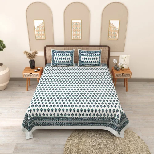 Blue Phulkari Queen Size Cotton Bedsheet