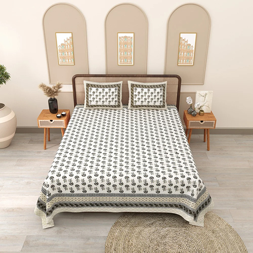 Grey Phulkari Queen Size Cotton Bedsheet