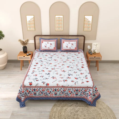 Jaipuri Block Print Phulkari Queen Size Bedsheet