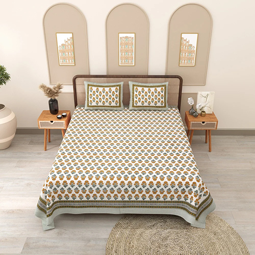 Grey Jaipuri Block Print Phulkari Queen Size Cotton Bedsheet