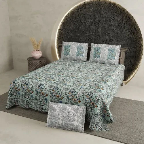 Green Cotton Printed Chartook King Size Bed Sheet