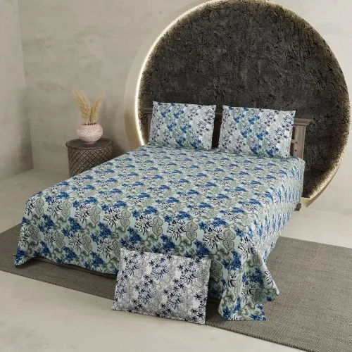 Blue Cotton Printed Chartook King Size Bed Sheet