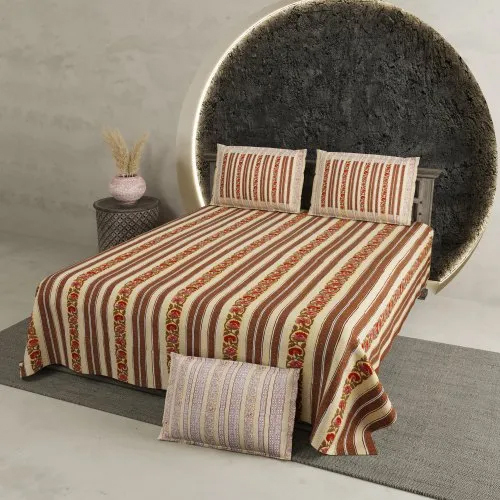 Beige Cotton Printed Chartook King Size Bed Sheet