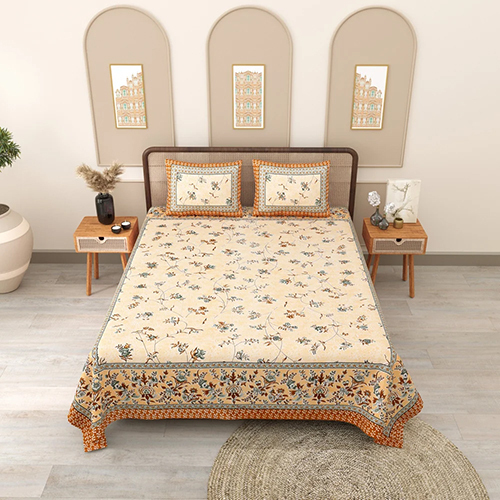 Orange Phulkari Queen Size Cotton Bedsheet