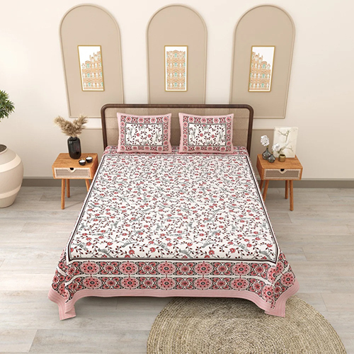 Peach Phulkari Queen Size Cotton Bedsheet