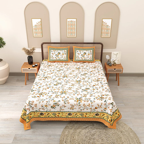 Yellow Phulkari Queen Size Cotton Bedsheet
